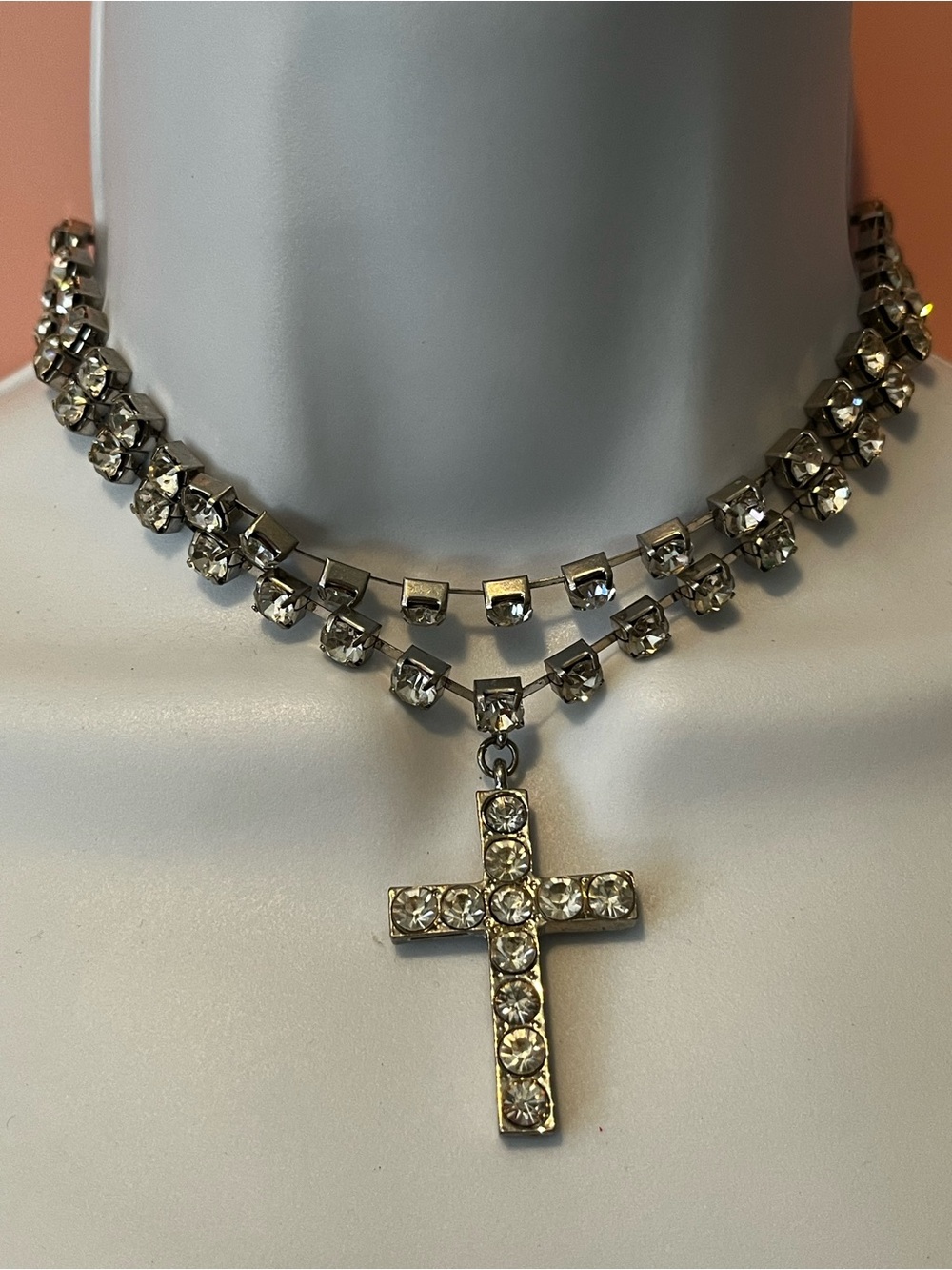 Crystal Cross Pendant Choker Necklace - Silver Tone